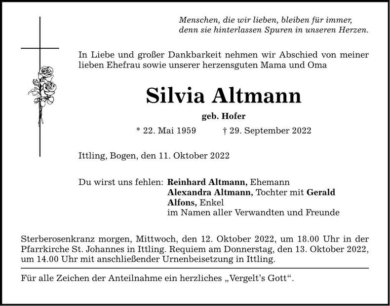 Traueranzeige Silvia Altmann
