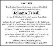 Traueranzeige Johann Friedl