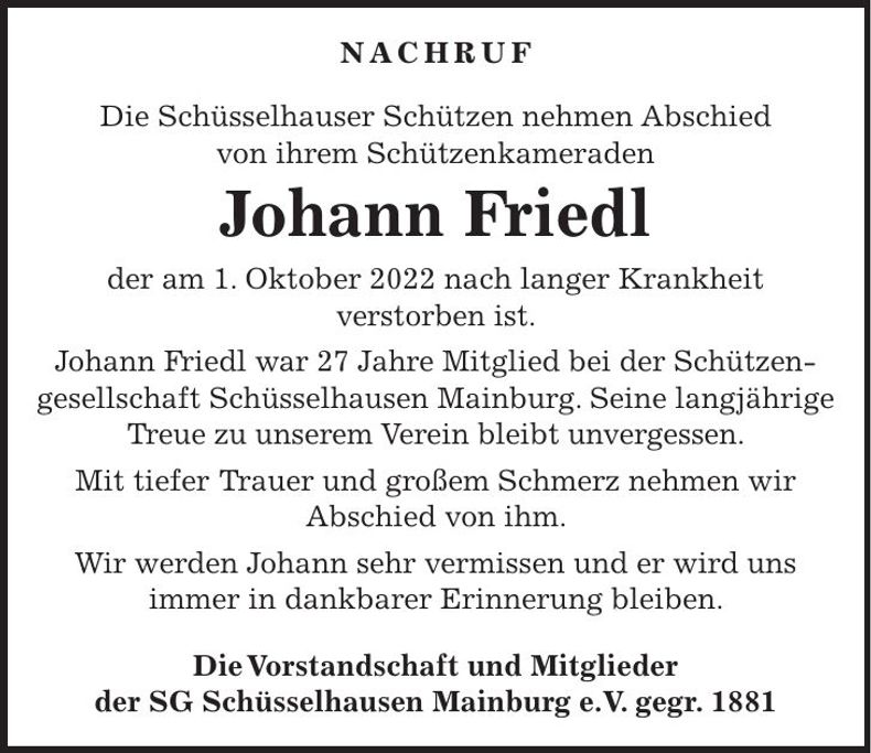 Traueranzeige Johann Friedl