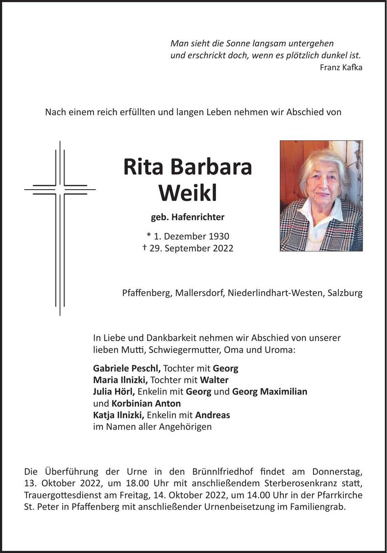Traueranzeige Rita Barbara Weikl