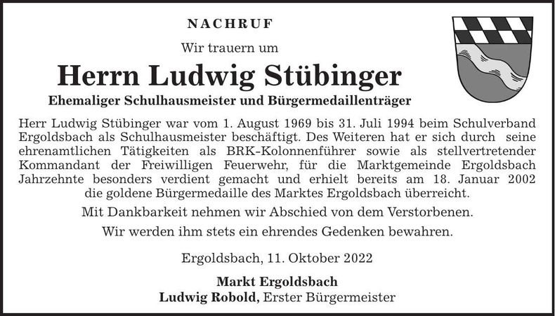 Traueranzeige Ludwig Stübinger