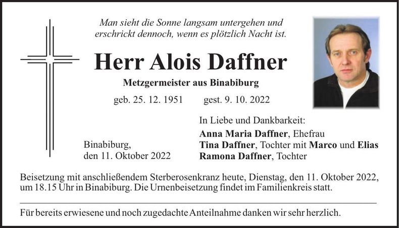 Traueranzeige Alois Daffner