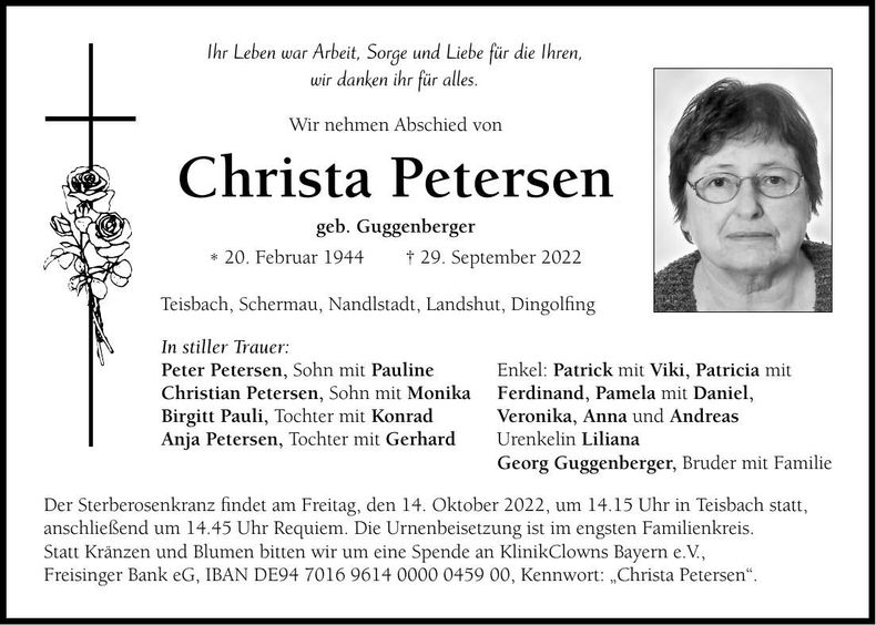 Traueranzeige Christa Petersen