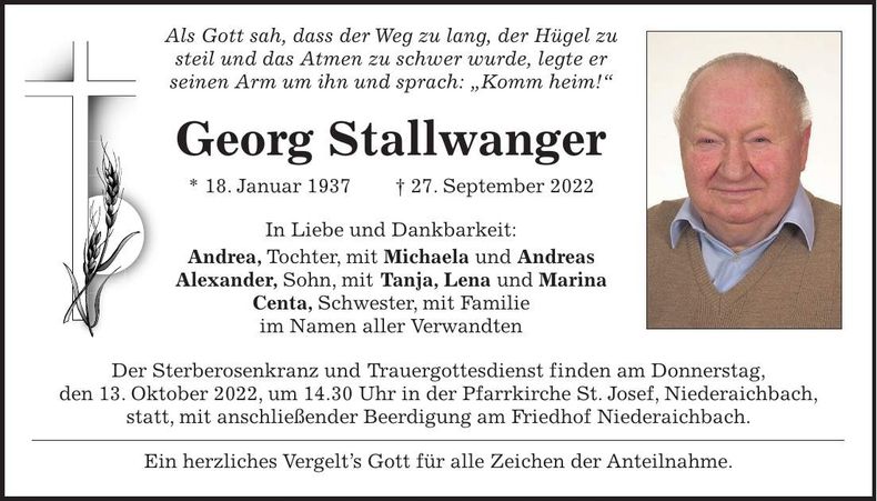 Traueranzeige Georg Stallwanger
