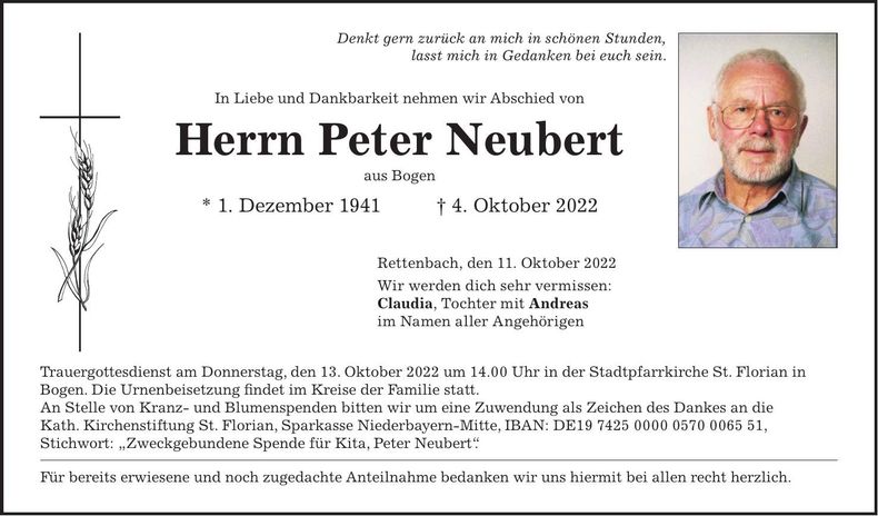 Traueranzeige Peter Neubert