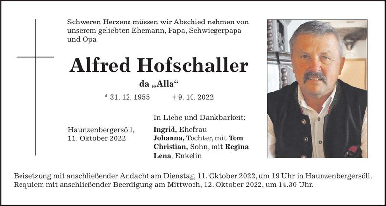 Traueranzeige Alfred Hofschaller