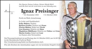 Traueranzeige Franz Preisinger