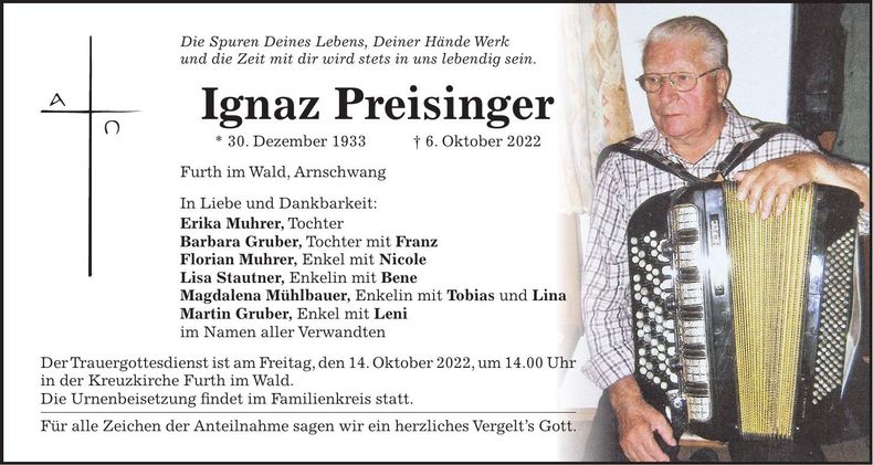 Traueranzeige Franz Preisinger