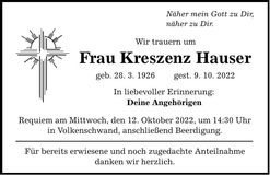 Traueranzeige Kreszenz Hauser