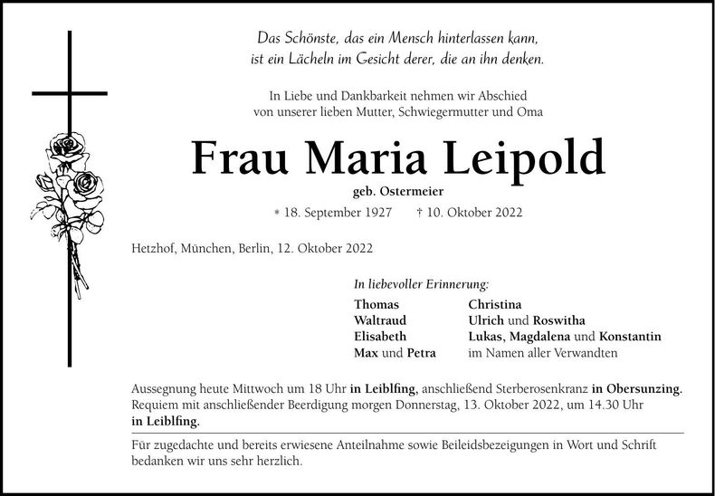 Traueranzeige Maria Leipold