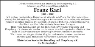 Traueranzeige f. Straubing u. Umgebung Historische Verein