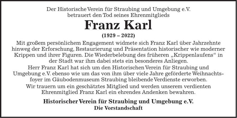 Traueranzeige f. Straubing u. Umgebung Historische Verein