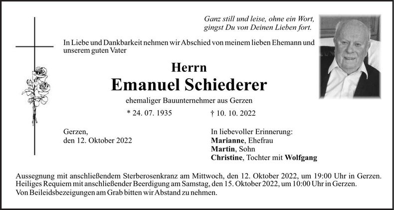 Traueranzeige Emanuel Schiederer