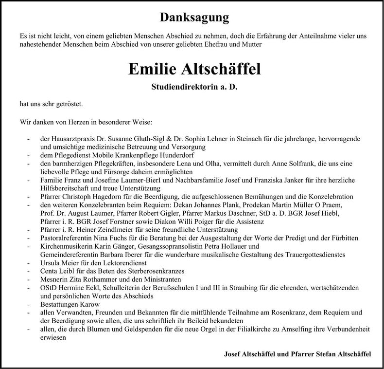 Traueranzeige Emilie Altschäffel