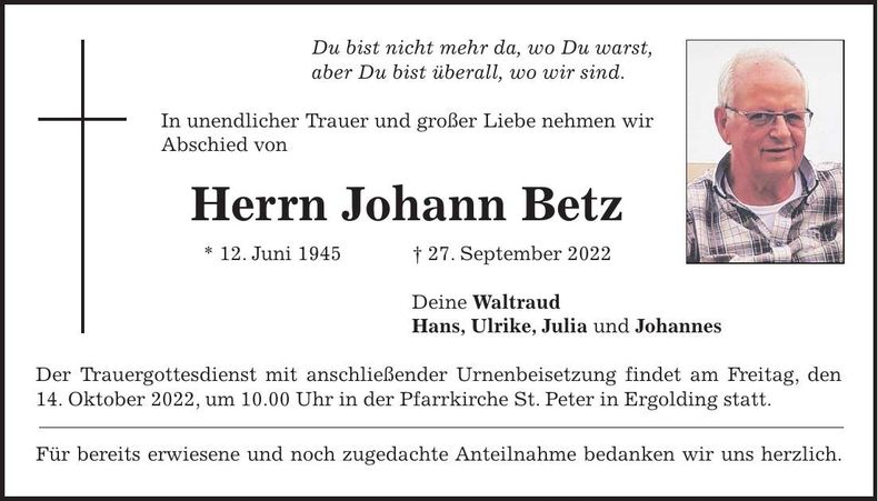 Traueranzeige Johann Betz