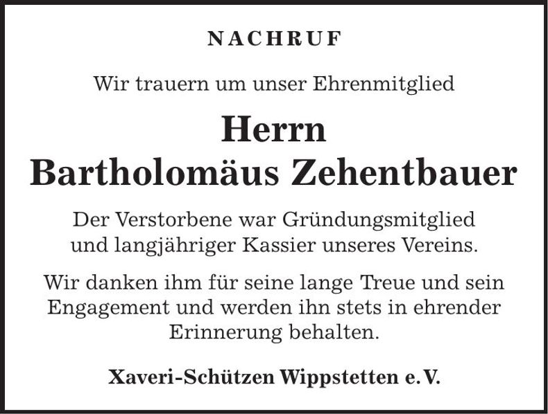 Traueranzeige Bartholomäus Zehentbauer