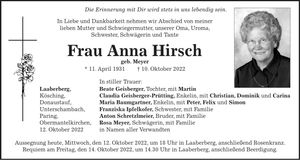 Traueranzeige Anna Hirsch