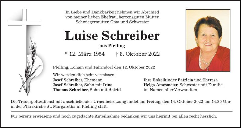 Traueranzeige Luise Schreiber