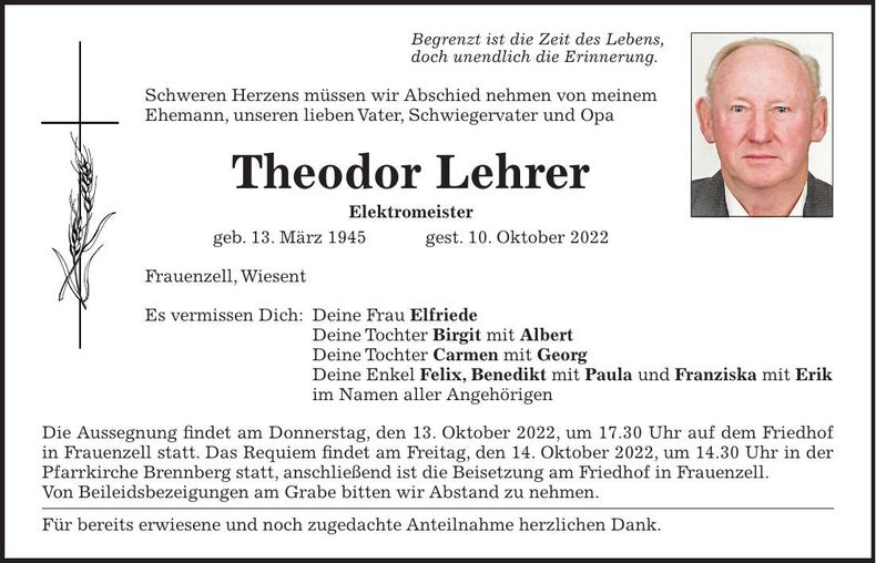 Traueranzeige Theodor Lehrer