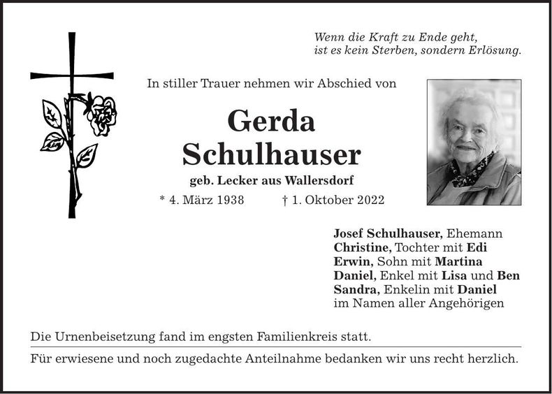 Traueranzeige Gerda Schulhauser