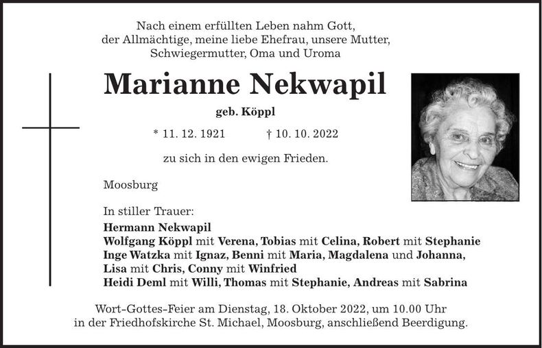 Traueranzeige Marianne Nekwapil