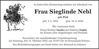 Traueranzeige Sieglinde Nebl