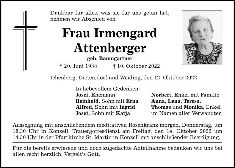 Traueranzeige Irmengard Attenberger