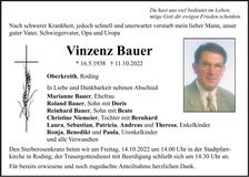 Traueranzeige Vinzenz Bauer
