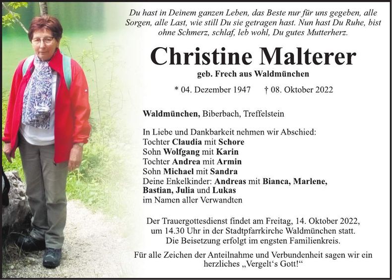 Traueranzeige Christine Malterer