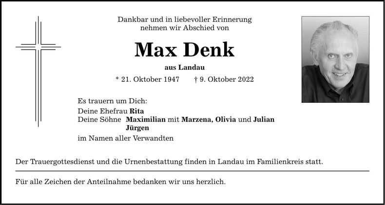 Traueranzeige Max Denk