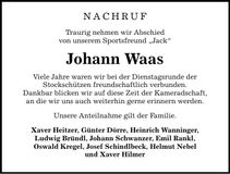 Traueranzeige Johann Waas