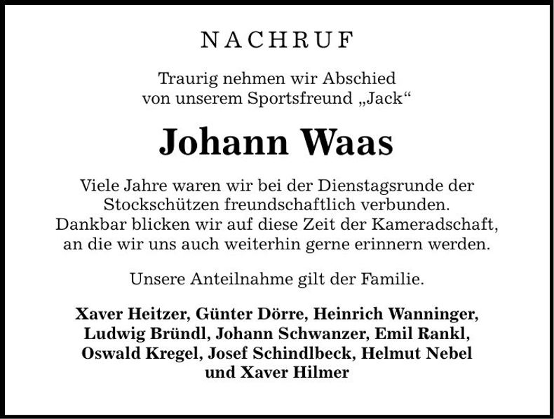 Traueranzeige Johann Waas