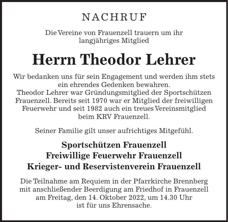 Traueranzeige Theodor Lehrer
