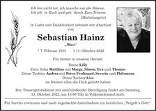 Traueranzeige Sebastian Hainz