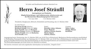 Traueranzeige Josef Sträußl