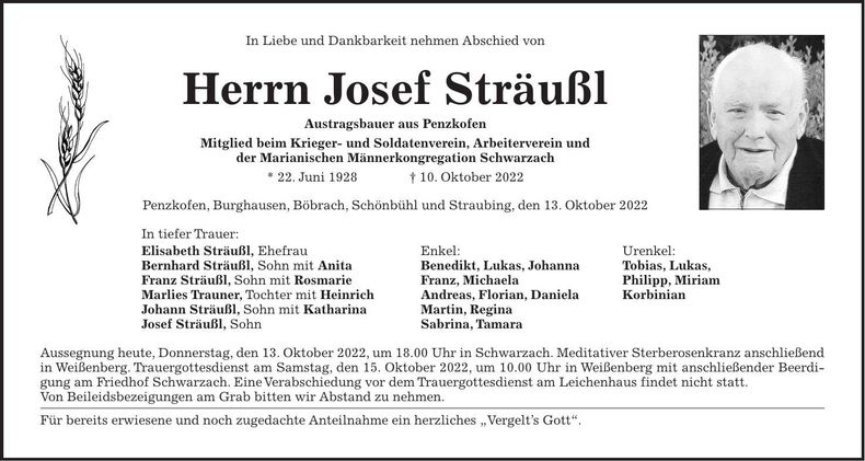 Traueranzeige Josef Sträußl