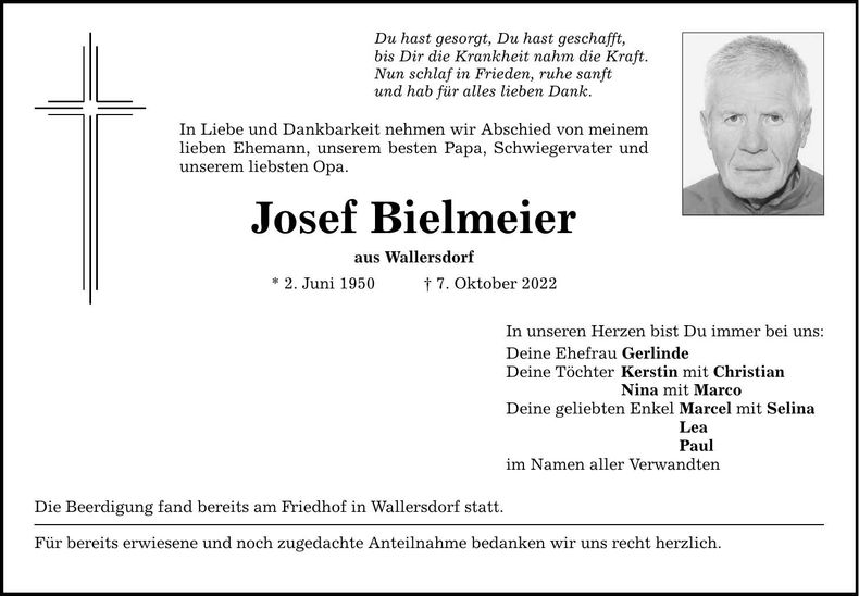 Traueranzeige Josef Bielmeier