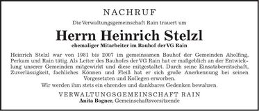 Traueranzeige Heinrich Stelzl
