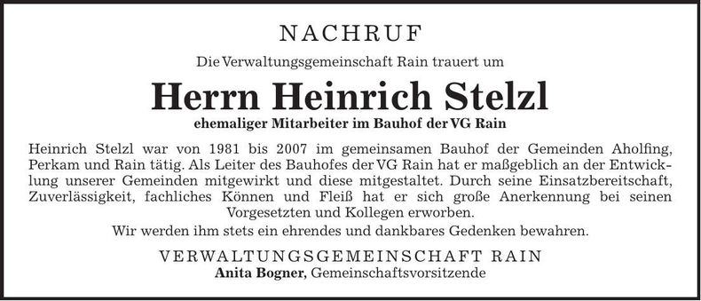 Traueranzeige Heinrich Stelzl