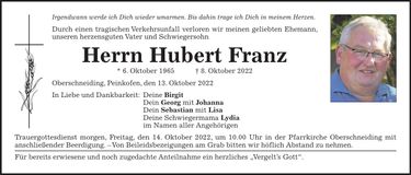 Traueranzeige Hubert Franz