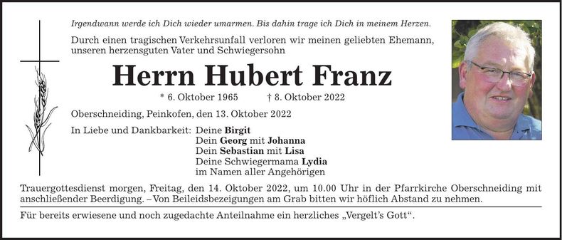 Traueranzeige Hubert Franz