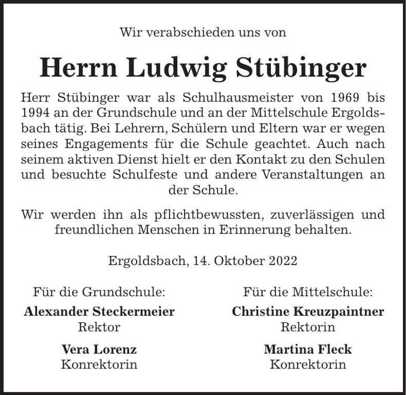 Traueranzeige Ludwig Stübinger