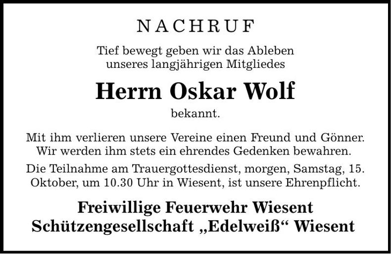 Traueranzeige Oskar Wolf