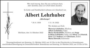Traueranzeige Albert Lehrhuber