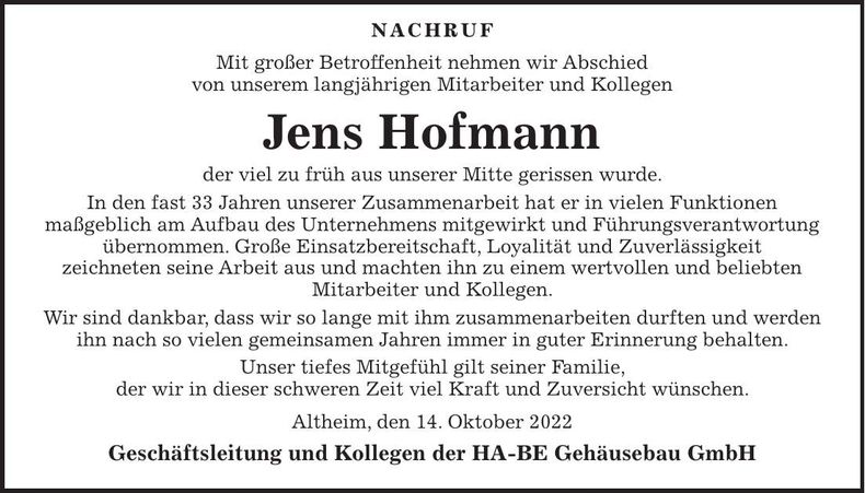 Traueranzeige Jens Hofmann