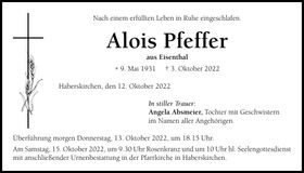 Traueranzeige Alois Pfeffer