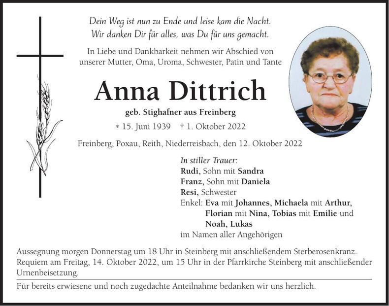 Traueranzeige Anna Dittrich