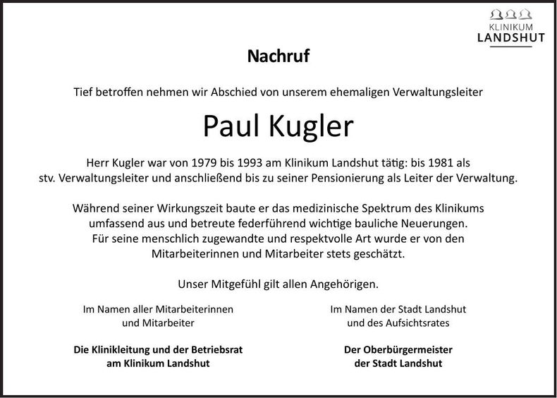 Traueranzeige Paul Kugler Paul Kugler