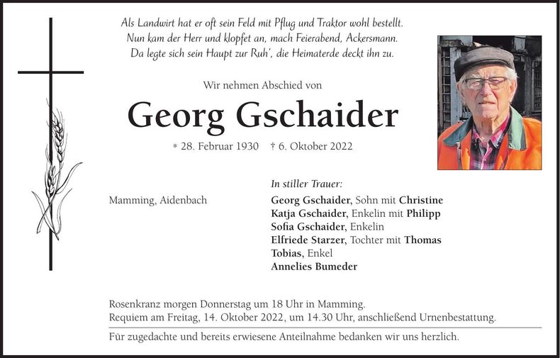 Traueranzeige Georg Gschaider