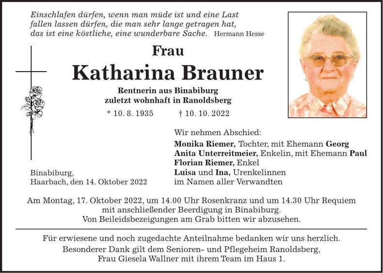 Traueranzeige Katharina Brauner